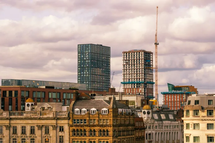 Manchester city centre skyline, Victorian facades against new towers