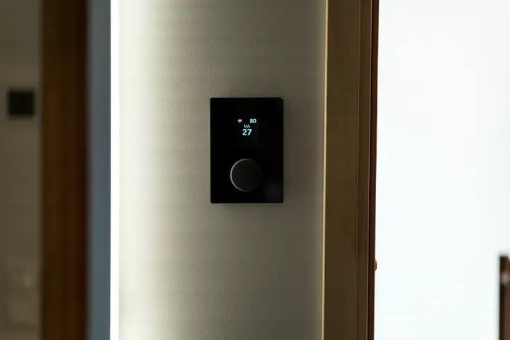 Wall-mounted smart heating thermostat with a lit display and control dial